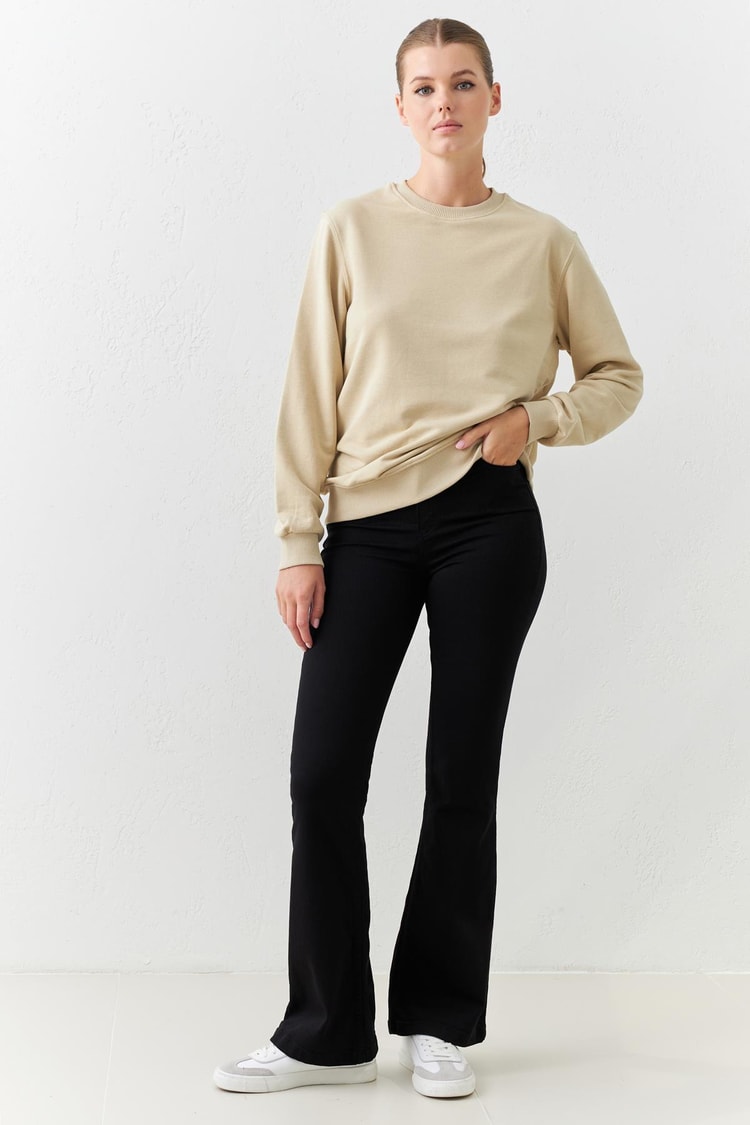 Koyu Bej Basic Bisiklet Yaka Uzun Kollu Sweatshirt Kadın Sweatshirt modelleri