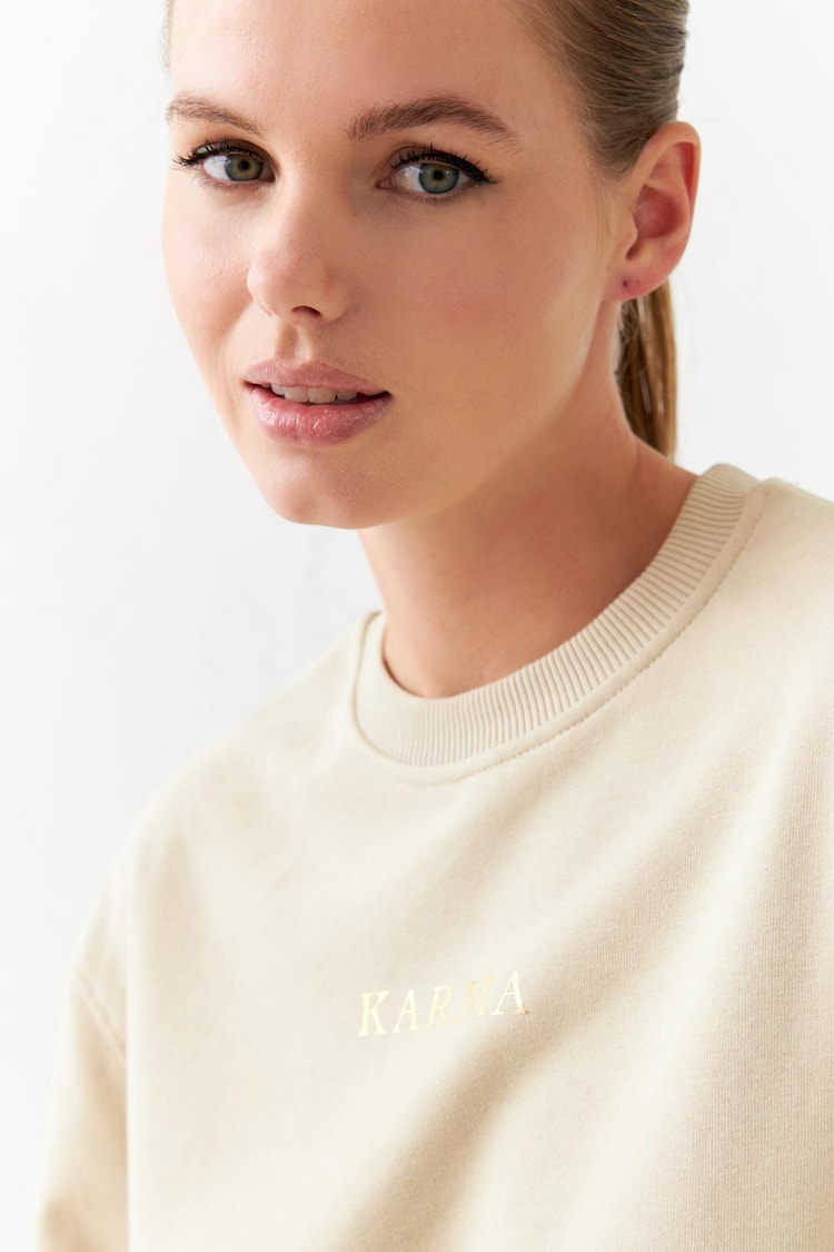 Koyu Bej Baskı Detaylı Bisiklet Yaka Uzun Kollu Sweatshirt Kadın Sweatshirt modelleri