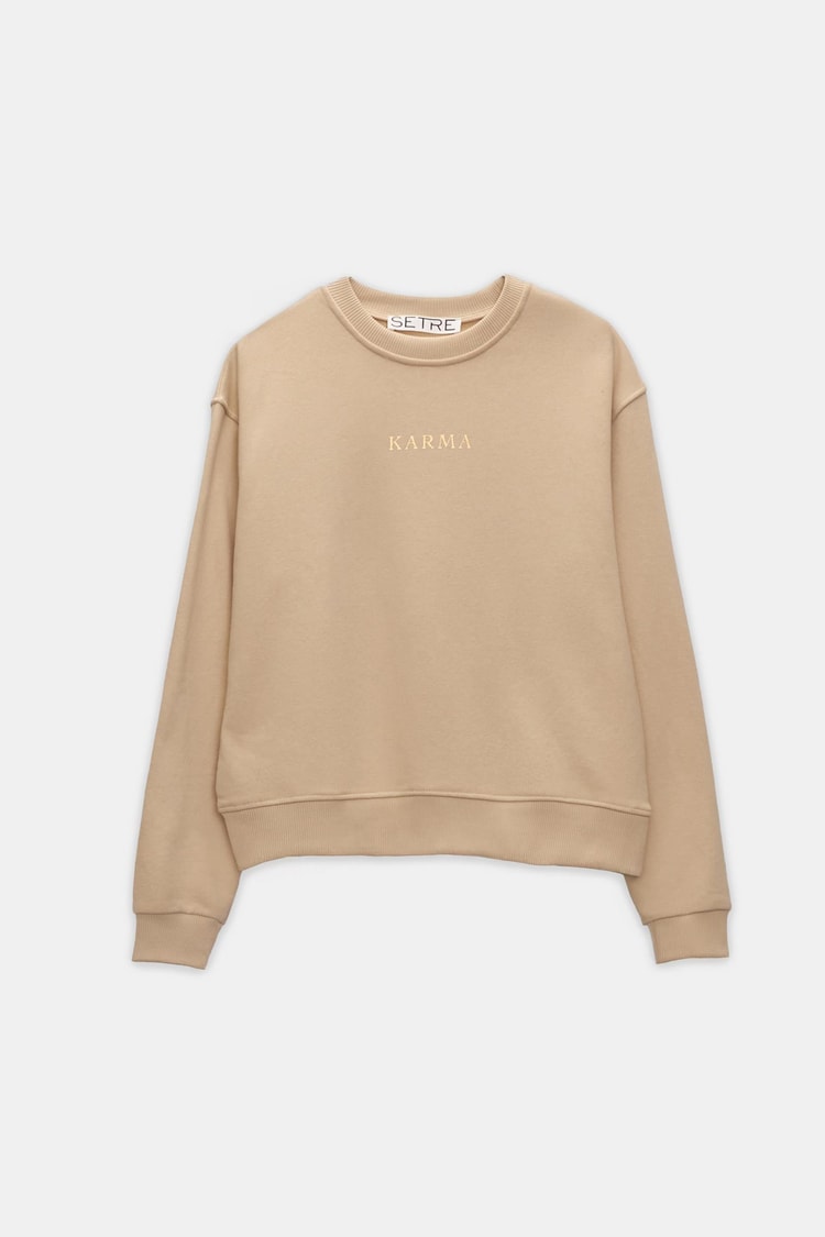 Koyu Bej Baskı Detaylı Bisiklet Yaka Uzun Kollu Sweatshirt Kadın Sweatshirt modelleri