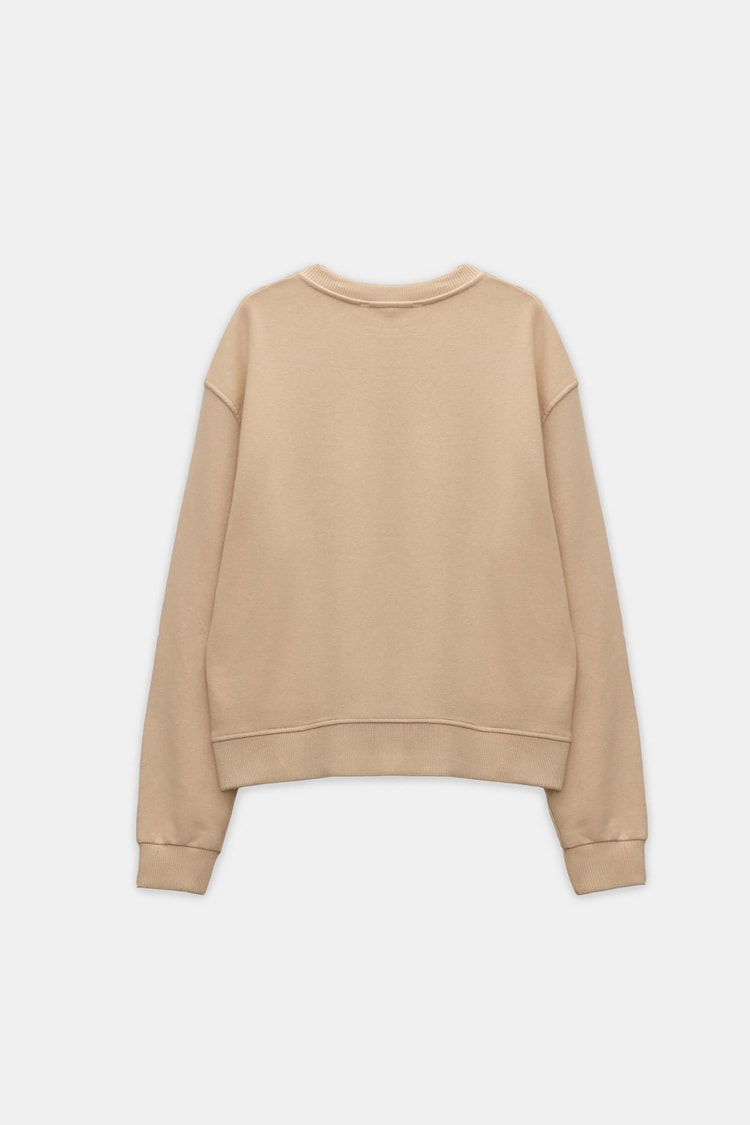 Koyu Bej Baskı Detaylı Bisiklet Yaka Uzun Kollu Sweatshirt Kadın Sweatshirt modelleri