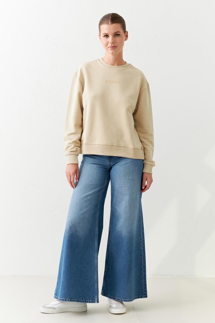 Koyu Bej Baskı Detaylı Bisiklet Yaka Uzun Kollu Sweatshirt Kadın Sweatshirt modelleri