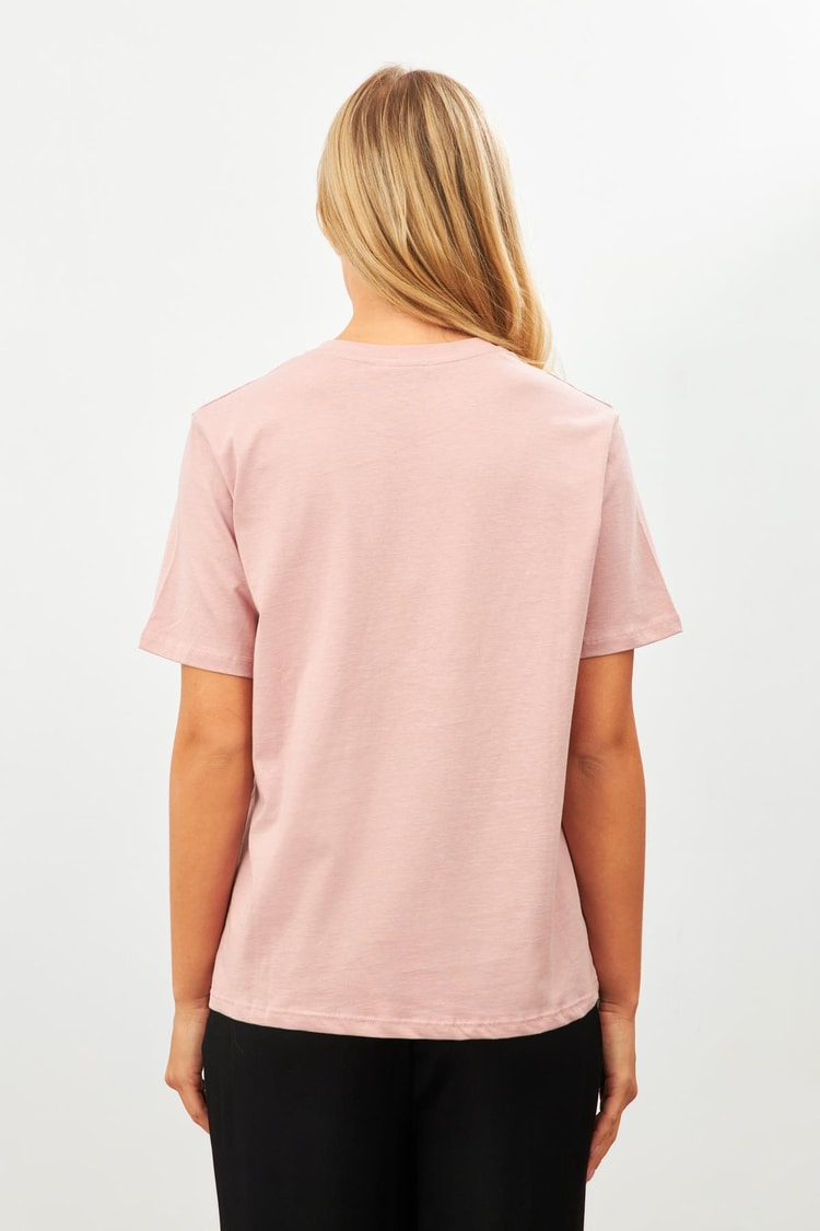 Koyu Somon Baskı Detaylı Bisiklet Yaka T-Shirt Kadın T-Shirt modelleri