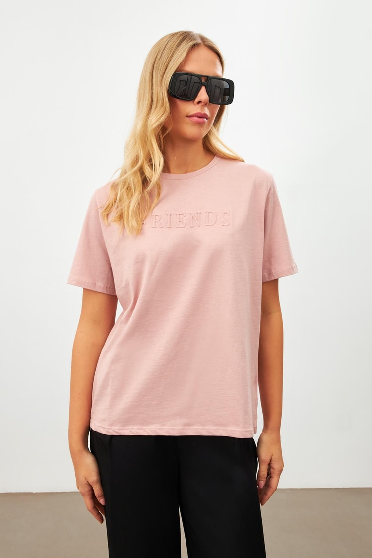 Koyu Somon Baskı Detaylı Bisiklet Yaka T-Shirt Kadın T-Shirt modelleri