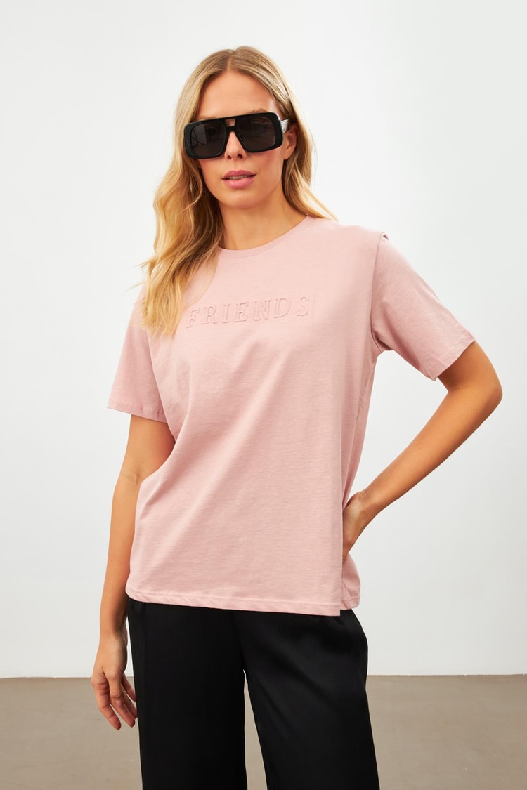 Koyu Somon Baskı Detaylı Bisiklet Yaka T-Shirt Kadın T-Shirt modelleri