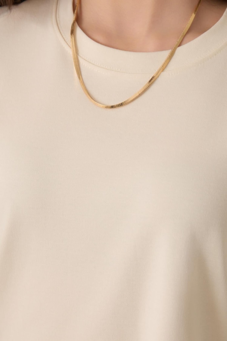 Krem %100 Pamuklu Bisiklet Yaka Basic Kısa Kollu T-Shirt Kadın T-Shirt modelleri