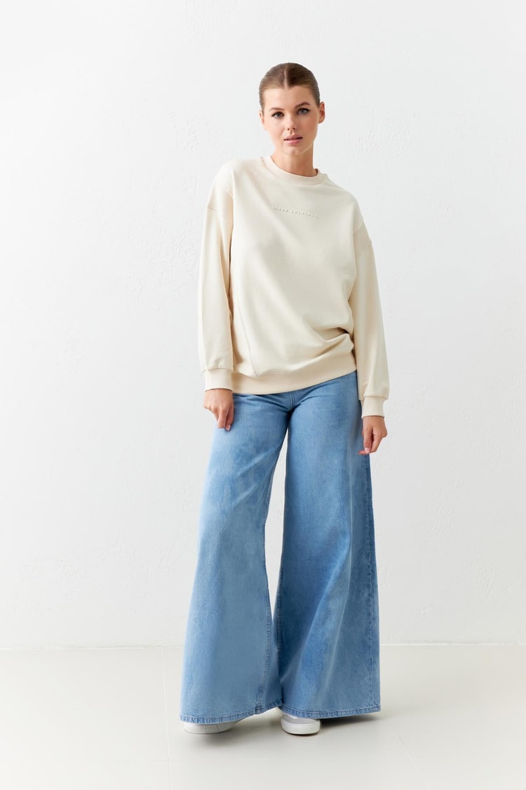 Krem Baskı Ve Bisiklet Yaka Uzun Kollu Omuz Detaylı Sweatshirt Kadın Kategorisiz modelleri