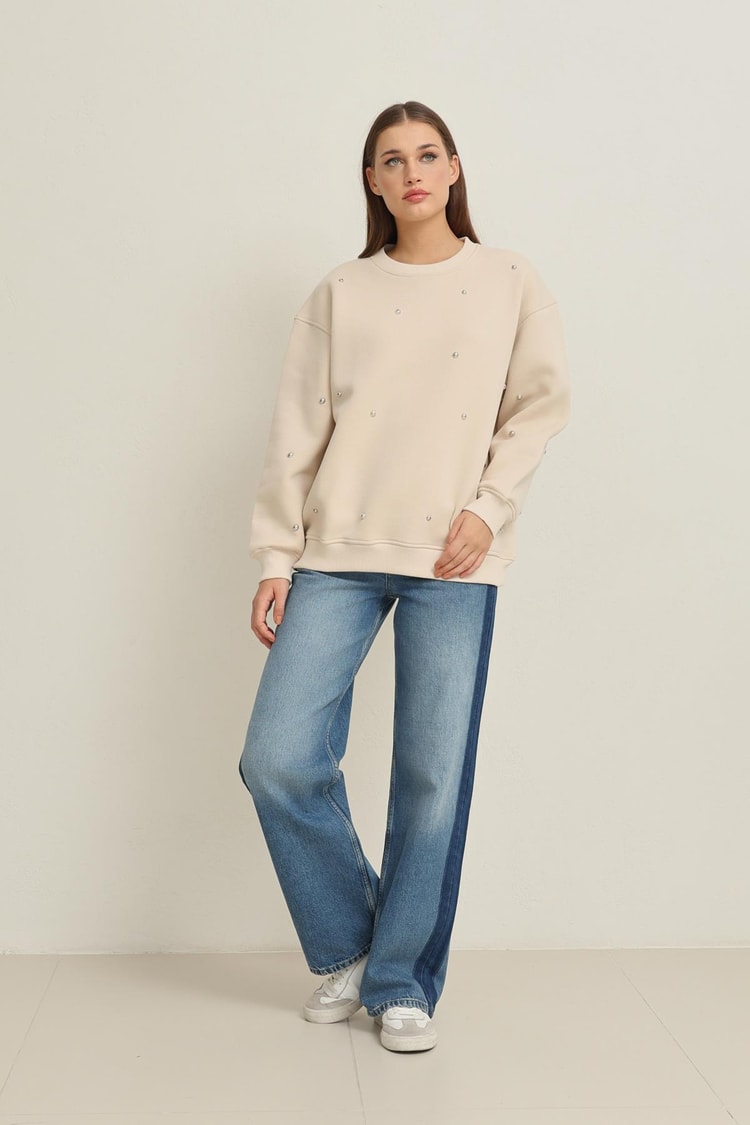 Krem Bisiklet Yaka Taş Detaylı Uzun Kollu Sweatshirt Kadın Kategorisiz modelleri