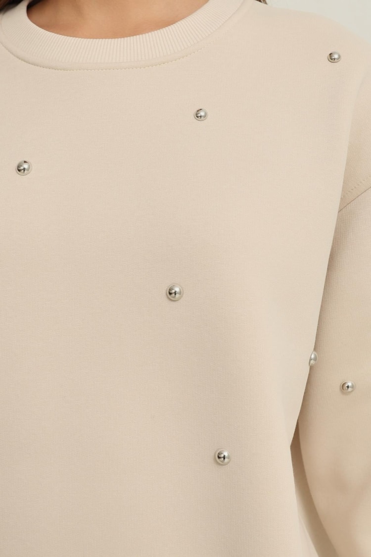 Krem Bisiklet Yaka Taş Detaylı Uzun Kollu Sweatshirt Kadın Kategorisiz modelleri