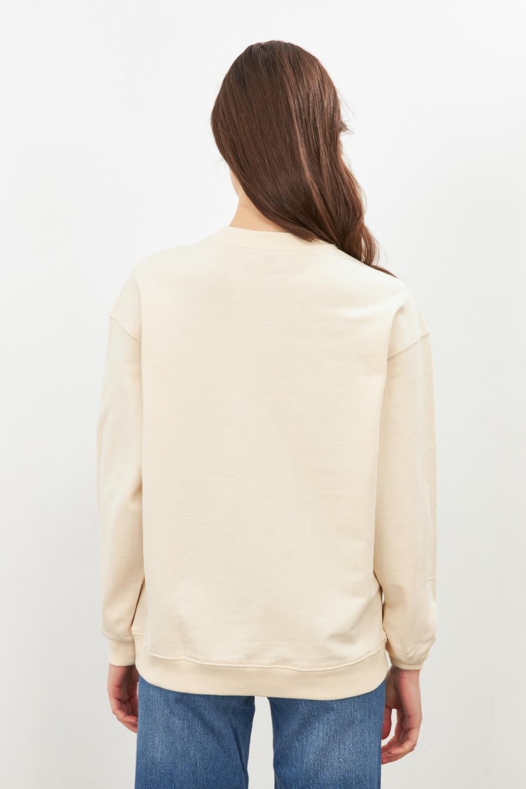 Krem Pamuklu Sweatshirt Kadın Sweatshirt modelleri