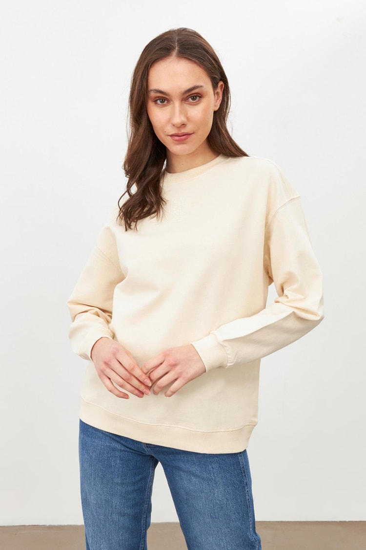 Krem Pamuklu Sweatshirt Kadın Sweatshirt modelleri