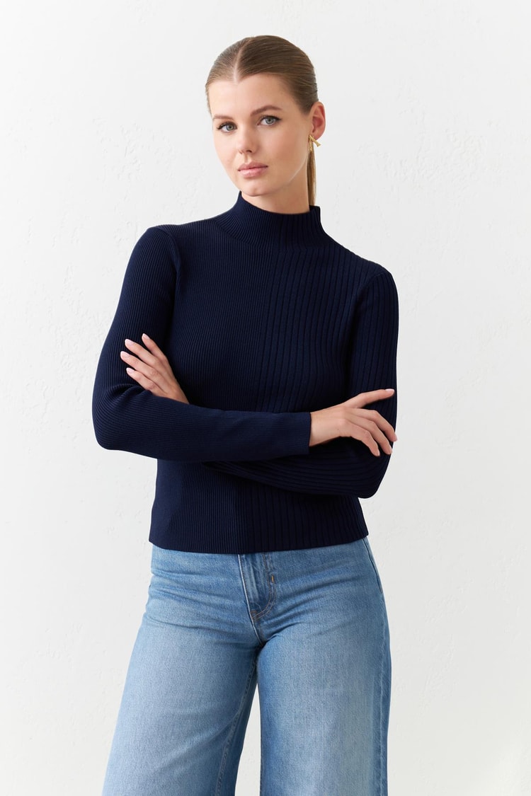 Lacivert Balıkçı Yaka Uzun Kollu Basic Triko Kadın Triko modelleri