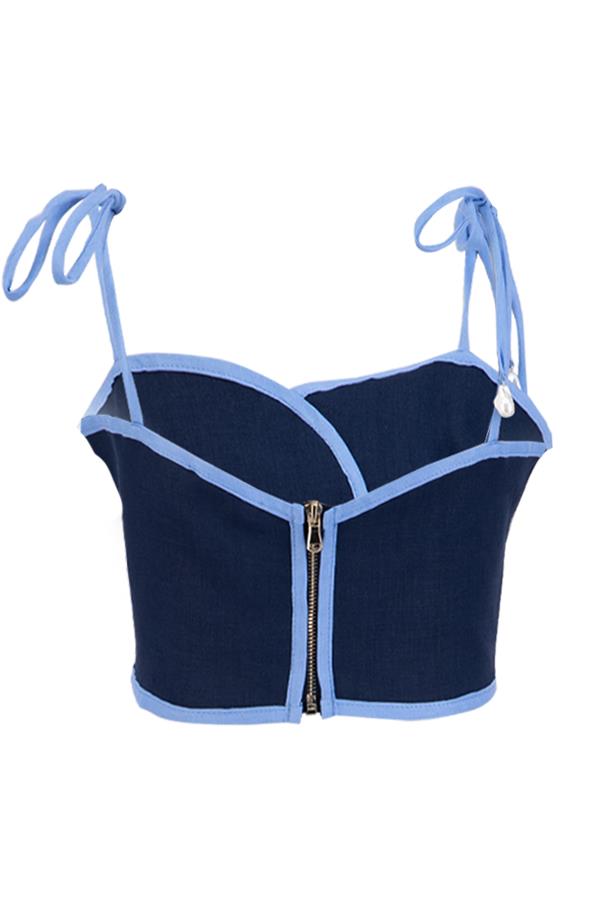 Lacivert-Mavi Omuzlardan Bağlama Detaylı Askı Crop Bluz Kadın Bluz modelleri