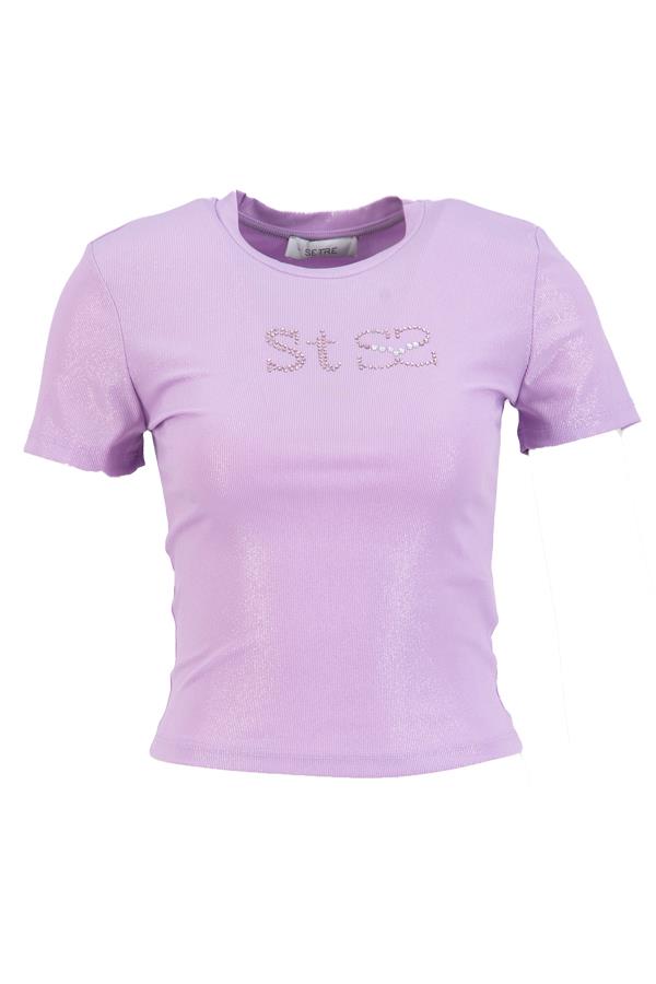 Lila Taşlı Kısa Kollu T-Shirt Kadın T-Shirt modelleri