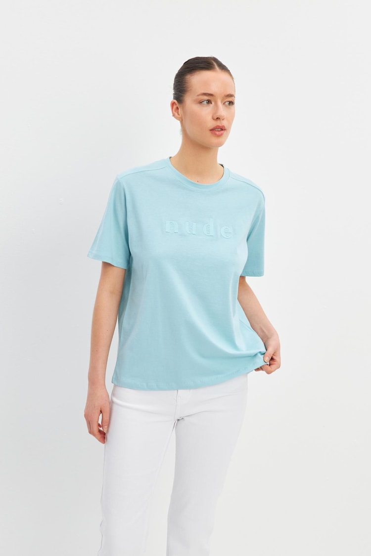 Mavi Baskı Detaylı Bisiklet Yaka Basic T-Shirt Kadın T-Shirt modelleri