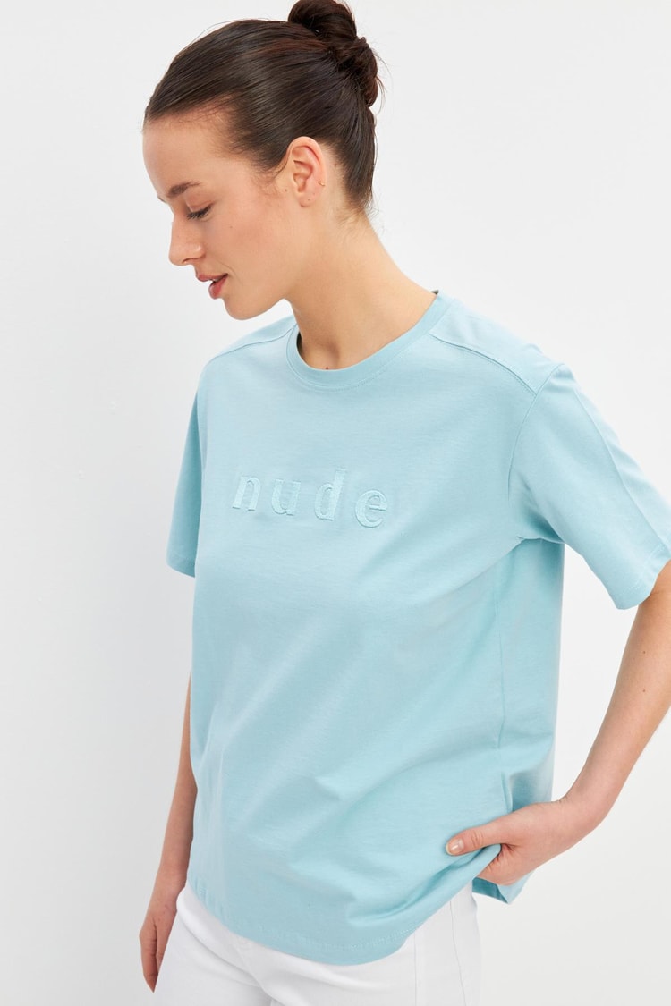 Mavi Baskı Detaylı Bisiklet Yaka Basic T-Shirt Kadın T-Shirt modelleri
