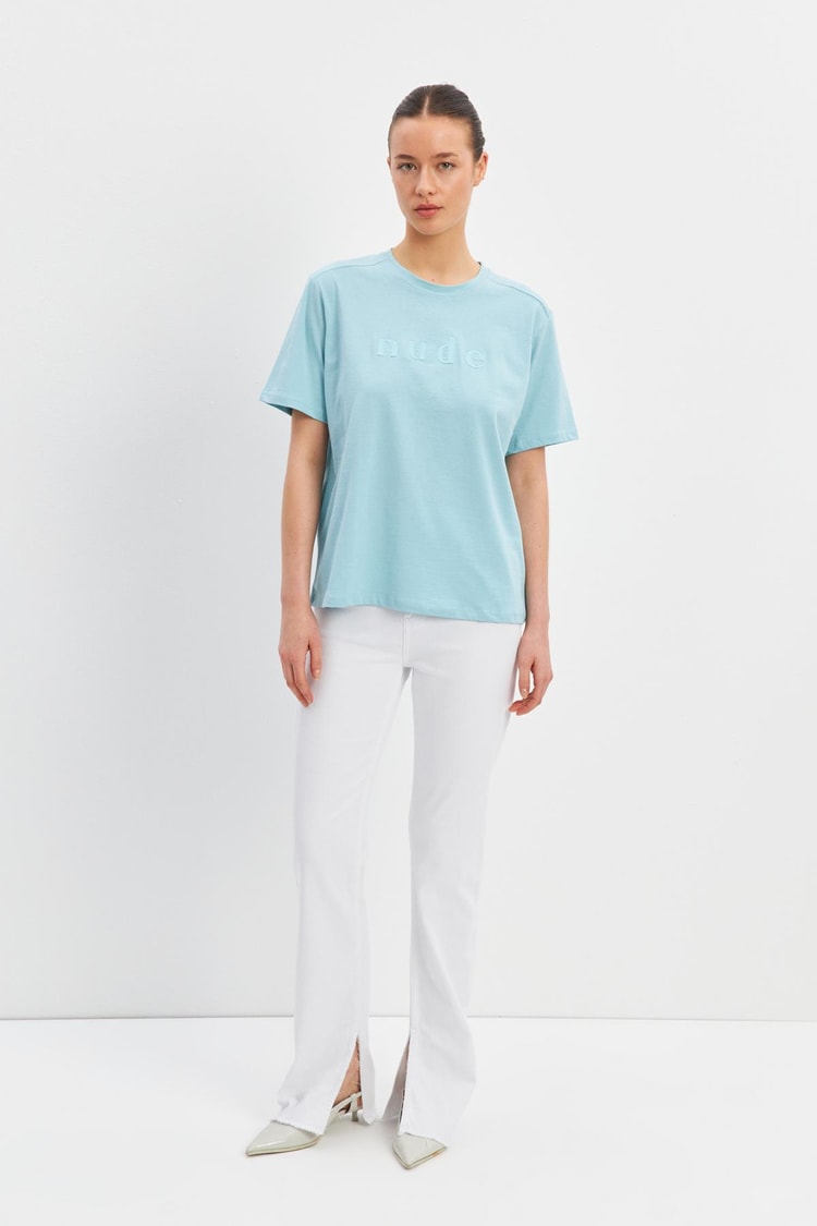 Mavi Baskı Detaylı Bisiklet Yaka Basic T-Shirt Kadın T-Shirt modelleri