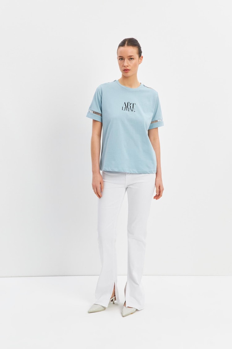 Mavi Baskılı Kol Ve Omuzda Örme Detaylı Bisiklet Yaka T-Shirt Kadın T-Shirt modelleri