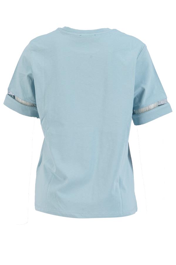 Mavi Baskılı Kol Ve Omuzda Örme Detaylı Bisiklet Yaka T-Shirt Kadın T-Shirt modelleri