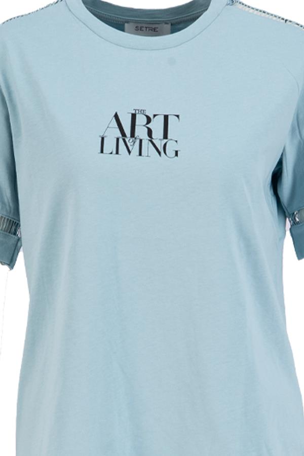Mavi Baskılı Kol Ve Omuzda Örme Detaylı Bisiklet Yaka T-Shirt Kadın T-Shirt modelleri