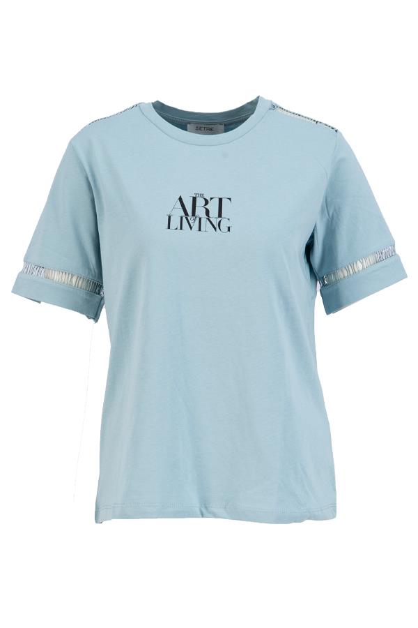 Mavi Baskılı Kol Ve Omuzda Örme Detaylı Bisiklet Yaka T-Shirt Kadın T-Shirt modelleri