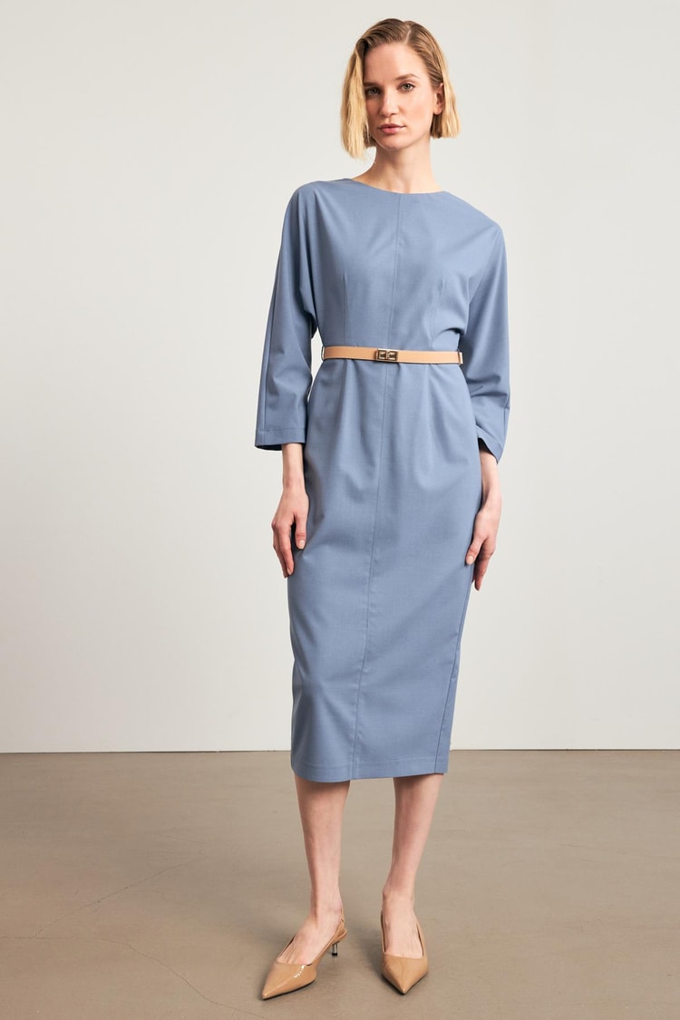 Mavi Bisiklet Yaka Belden Oturtmalı Kemer Detaylı Uzun Kollu Midi Boy Elbise Kadın Günlük Elbise modelleri
