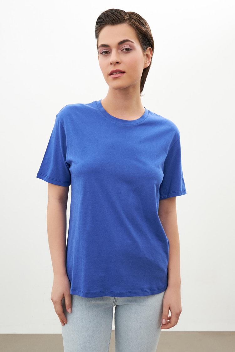Mavi Bisiklet Yaka Düz T-Shirt Kadın T-Shirt modelleri