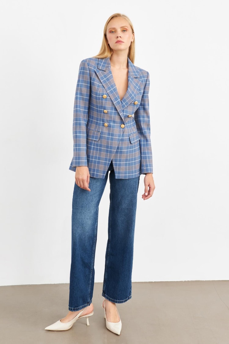 Mavi Çizgi Desenli Blazer Ceket Kadın Ceket modelleri