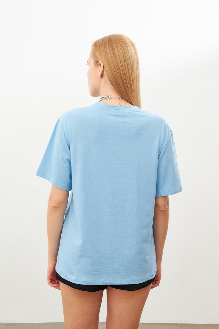 Mavi Kabartmalı Bisiklet Yaka T-Shirt Kadın T-Shirt modelleri