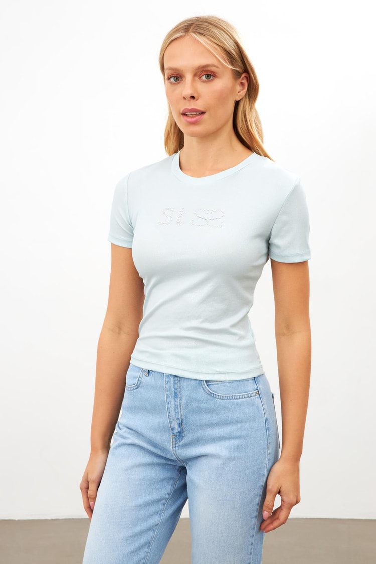 Mint Taşlı Kısa Kollu T-Shirt Kadın T-Shirt modelleri