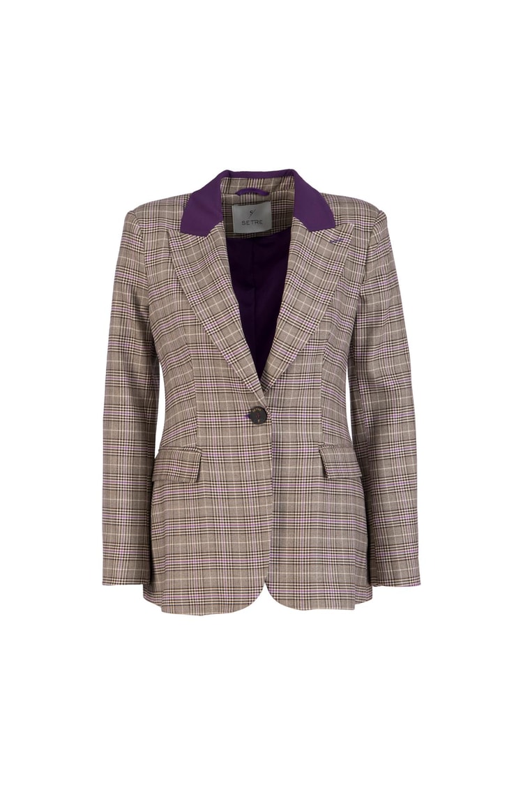 Mor-Kahve Lila Yaka Detaylı Blazer Ceket Pantolon Ekose Takım Kadın Takım Elbise modelleri