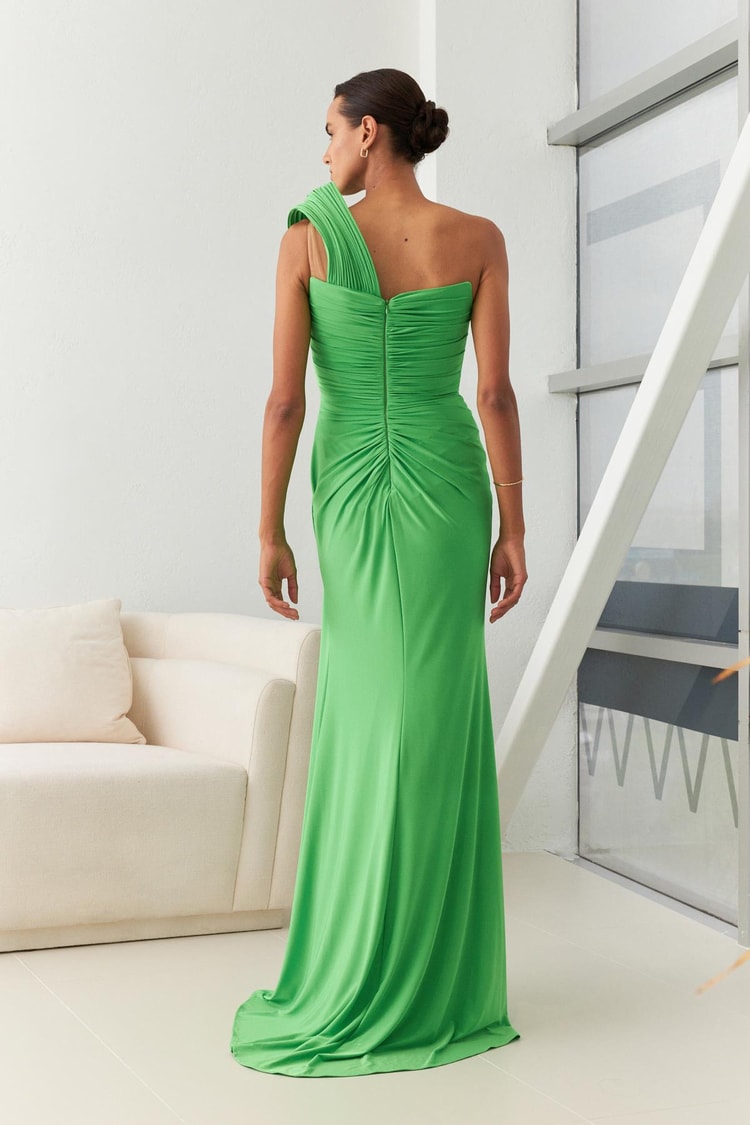 Neon Yeşil Drape Detaylı Tek Omuz Belden Oturtmalı Yırtmaçlı Midi Boy Abiye Elbise Kadın Kategorisiz modelleri
