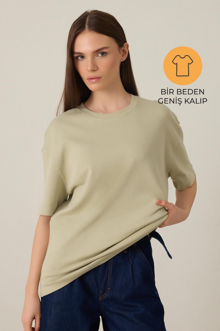 Olive %100 Pamuklu Bisiklet Yaka Basic Kısa Kollu Oversize T-Shirt Kadın T-Shirt modelleri