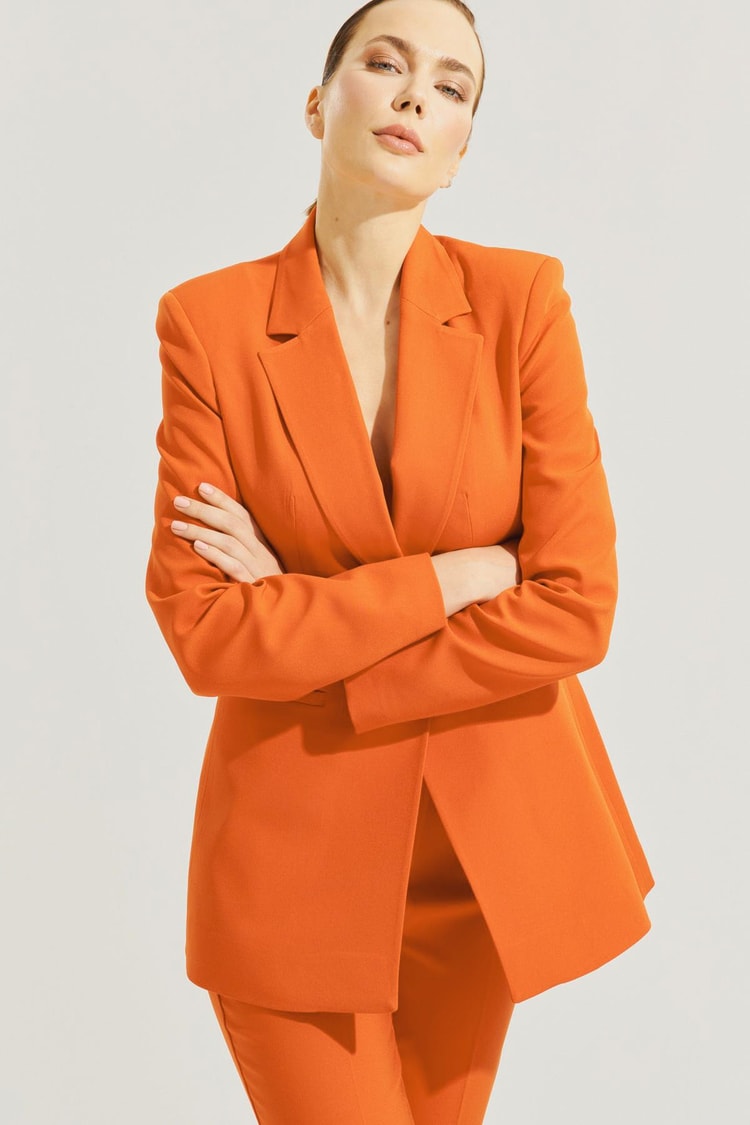 Oranj Ceket Yaka  Düğme Kapamalı  Uzun Kollu Tam Bel  Boru Paça Pantolonlu Takım Kadın Takım Elbise modelleri