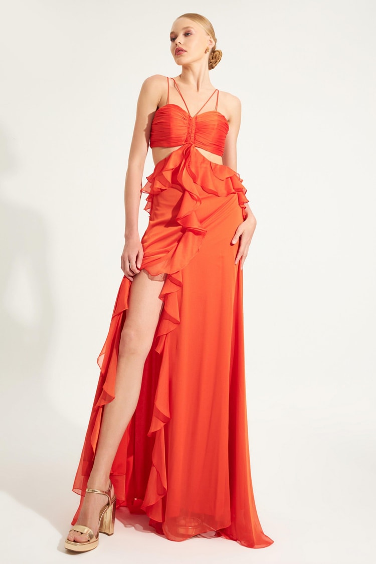 Oranj Drapeli Fırfır Detaylı Askılı Abiye Elbise Kadın Kategorisiz modelleri