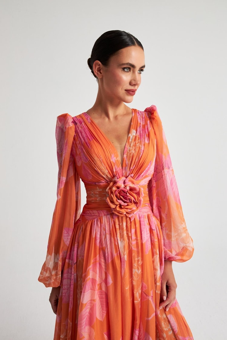 Oranj Gösterişli Çiçek Desenli Abiye Elbise Kadın Kategorisiz modelleri
