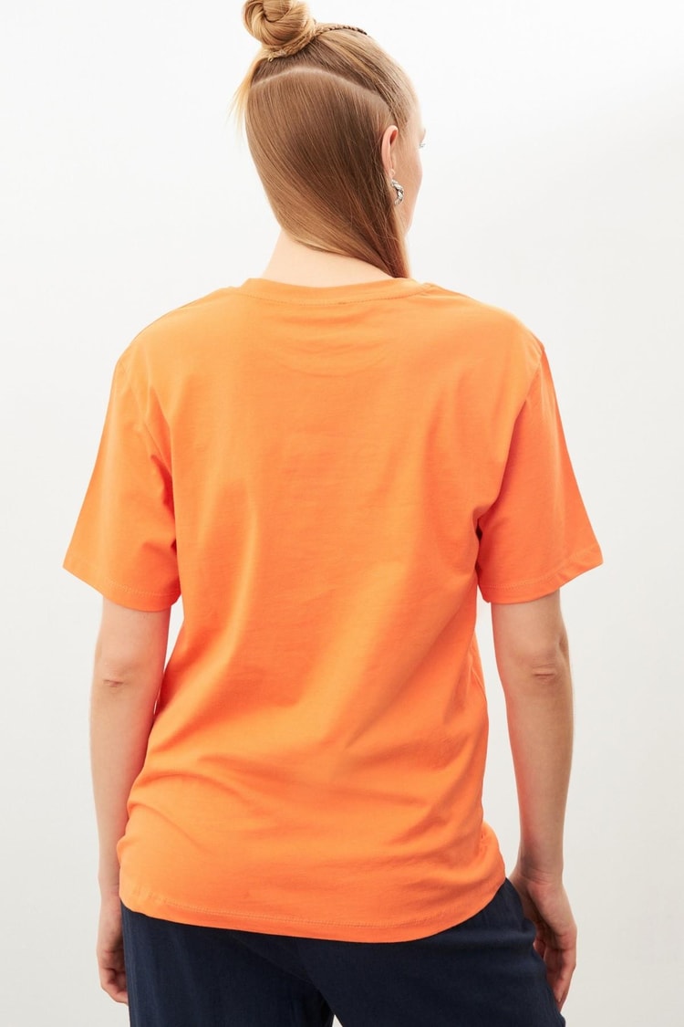 Oranj Kabartmalı Bisiklet Yaka T-Shirt Kadın T-Shirt modelleri