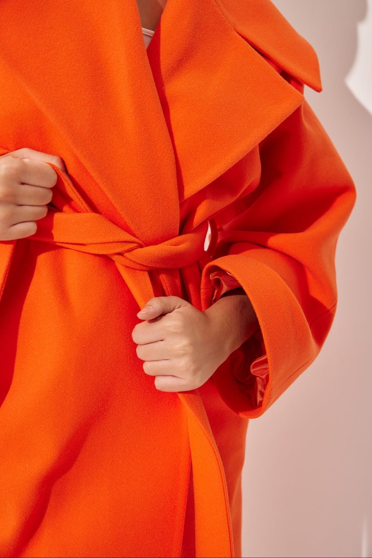 Oranj Oversize Bağlamalı Kaşe Kaban Kadın Kaban modelleri