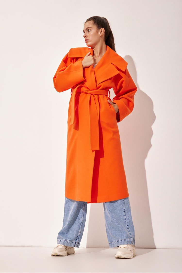 Oranj Oversize Bağlamalı Kaşe Kaban Kadın Kaban modelleri