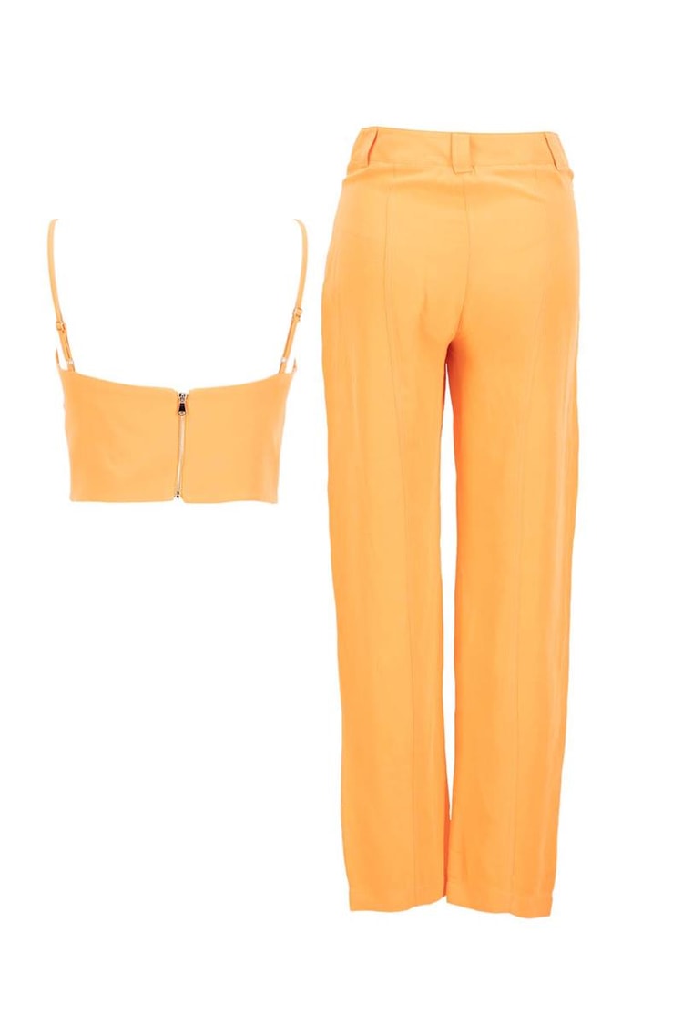 Oranj Pencere Detaylı İnce Askılı Crop Bluz Yüksek Bel Bol Paça Pantolon Takım Kadın Takım Elbise modelleri