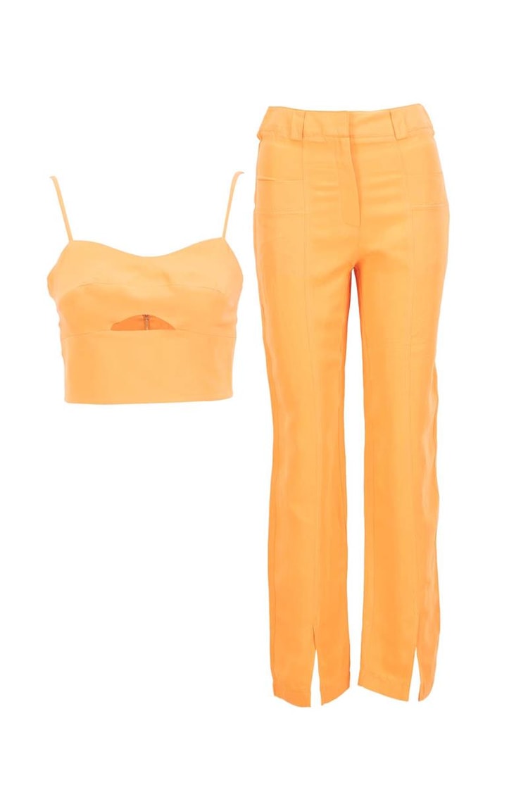 Oranj Pencere Detaylı İnce Askılı Crop Bluz Yüksek Bel Bol Paça Pantolon Takım Kadın Takım Elbise modelleri