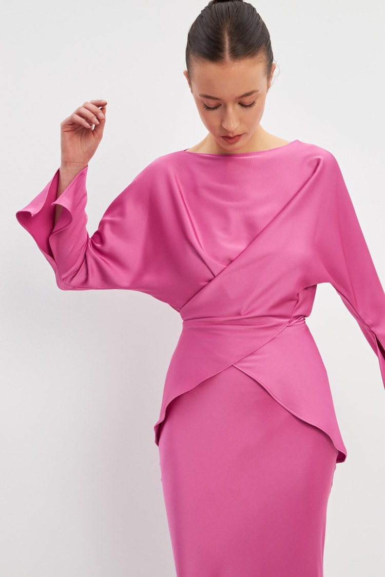 Pembe Asimetrik Bel Detaylı Salaş Bluz Kadın Bluz modelleri
