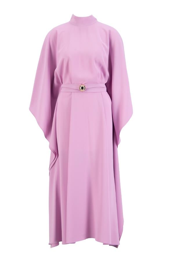 Pembe Bel Detaylı Balıkçı Yaka Uzun Kollu Midi Boy Elbise Kadın Günlük Elbise modelleri