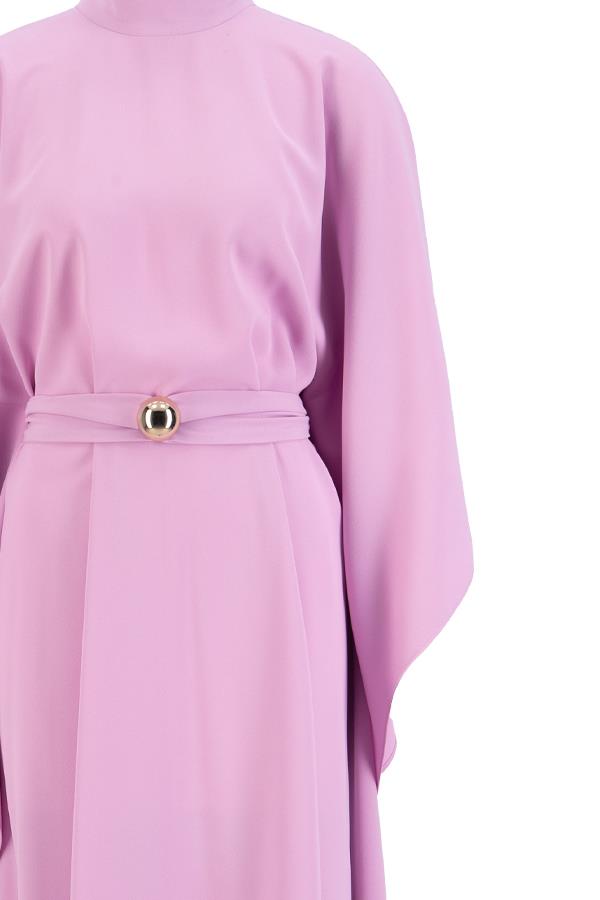 Pembe Bel Detaylı Balıkçı Yaka Uzun Kollu Midi Boy Elbise Kadın Günlük Elbise modelleri