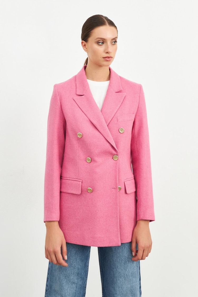 Pembe Düğme Ve Cep Detaylı Uzun Ceket Kadın Ceket modelleri