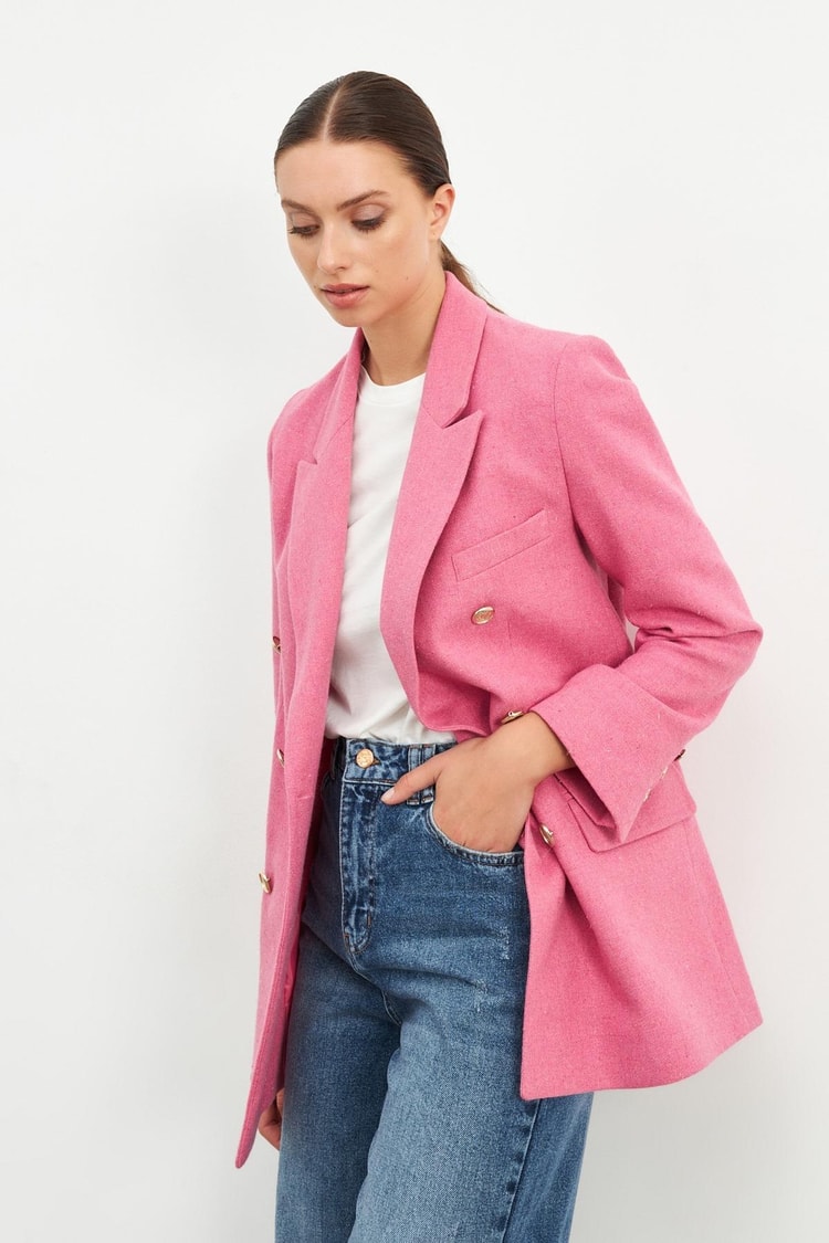 Pembe Düğme Ve Cep Detaylı Uzun Ceket Kadın Ceket modelleri