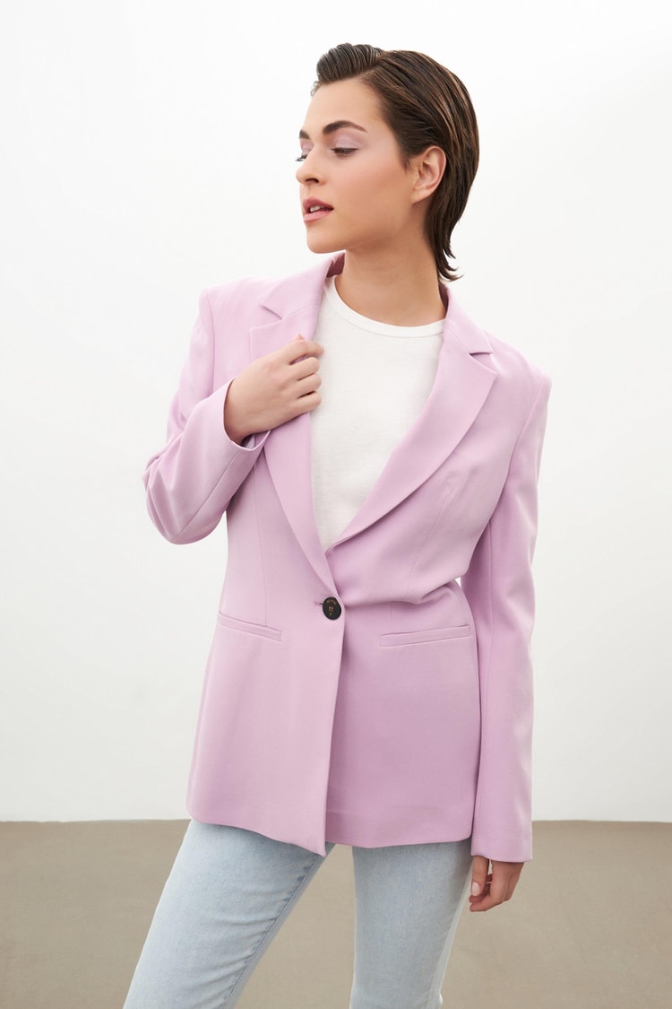 Pembe Tek Düğmeli Ceket Kadın Ceket modelleri