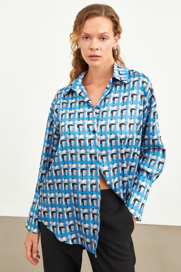 Saks Desenli Uzun Kollu Gömlek  Kadın Gömlek modelleri