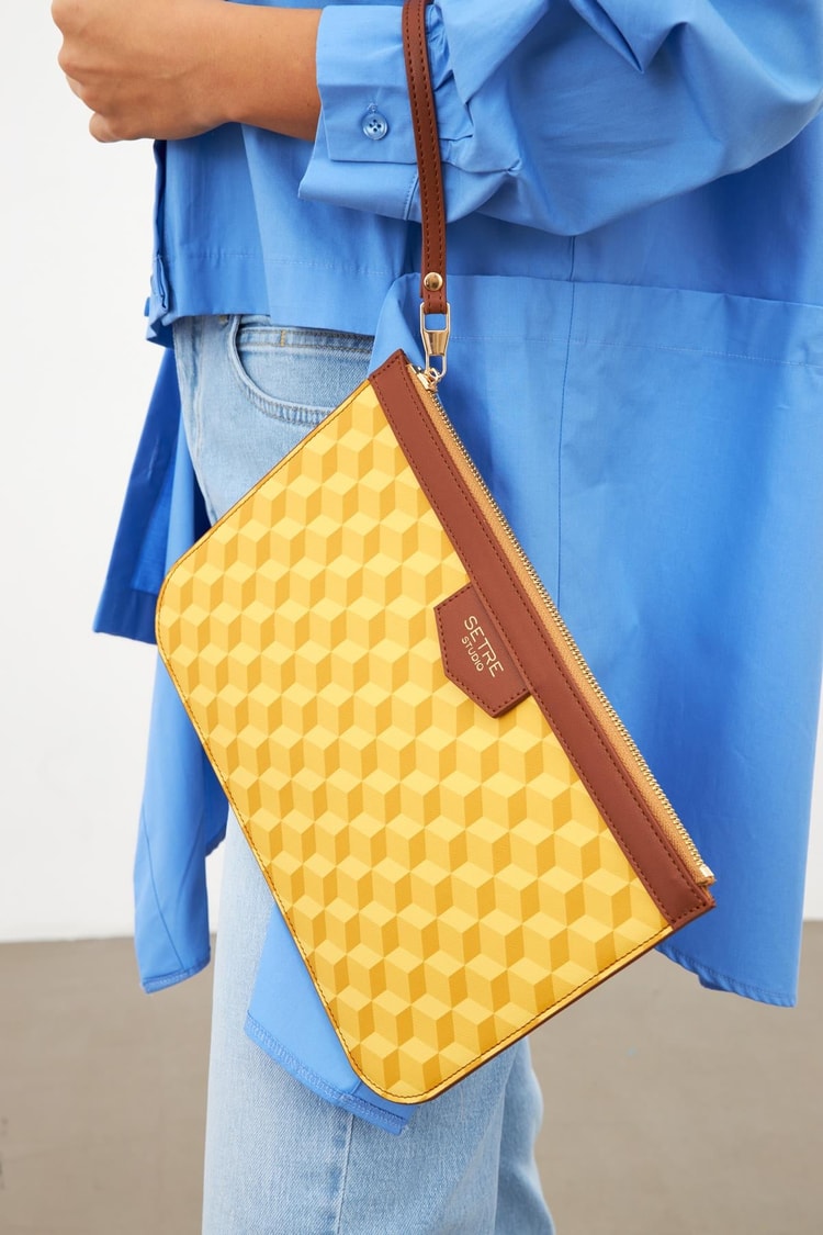 Sarı Geometrik Desen Clutch Çanta Kadın Çanta modelleri