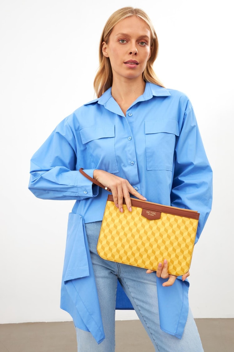 Sarı Geometrik Desen Clutch Çanta Kadın Çanta modelleri