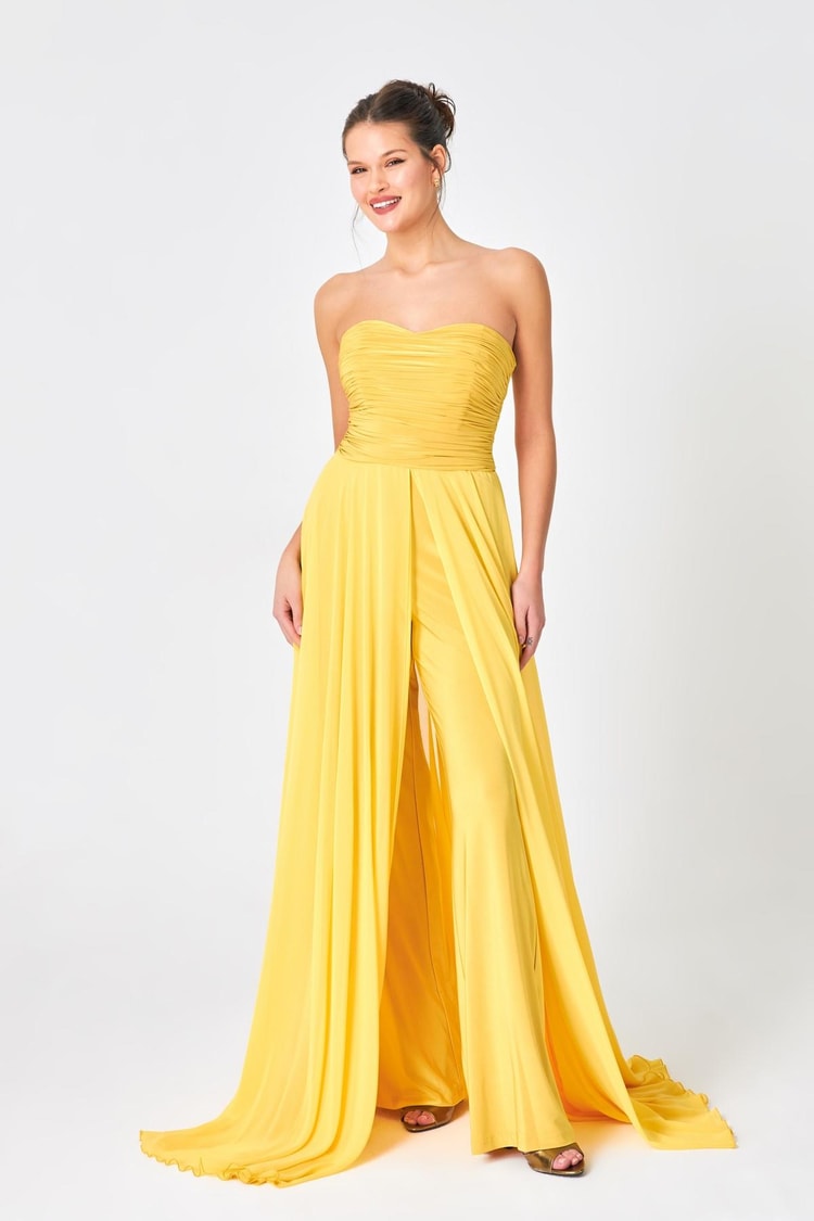 Sarı Straplez Drape  Ve Tül Detaylı Abiye Elbise Kadın Kategorisiz modelleri